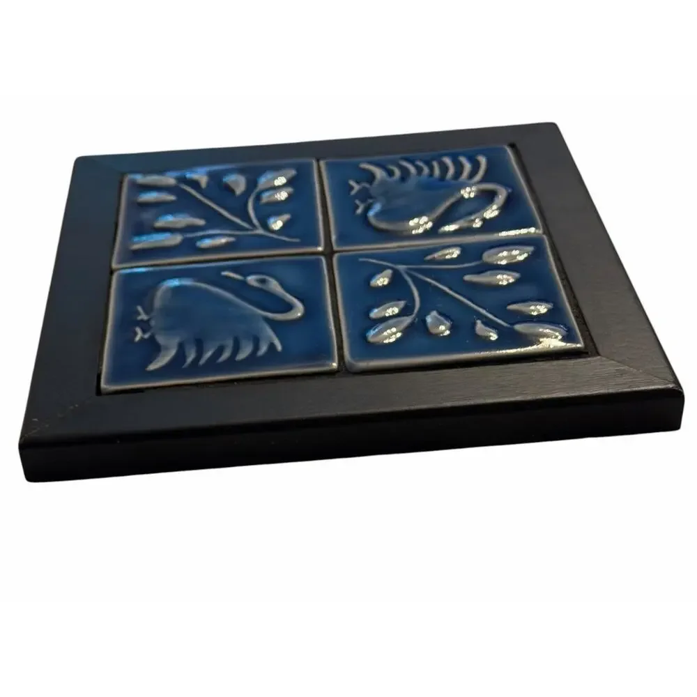Vintage SWAN Wood Ceramic Tile TRIVET Wall Art Decor Blue 3710/67